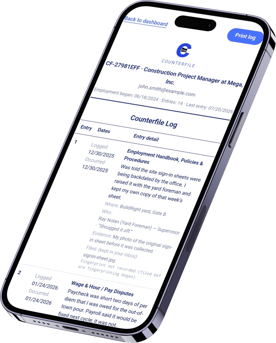 The Counterfile app showing a CFile Log of timestamped entries.
